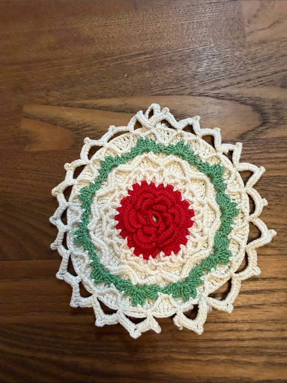 Source Unknown Red, Cream & Green Crochet Decorative Doily